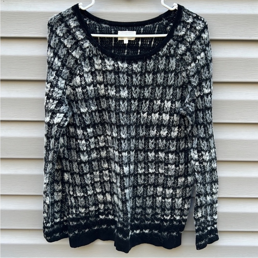 Lou & Grey Black White Checker Alpaca Blend Popover Round Neck Sweater Small